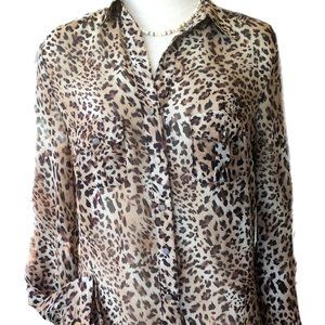 MOA Animal Print  Blouse Top  Button Down Roll Sleeve Chiffon Casual   S